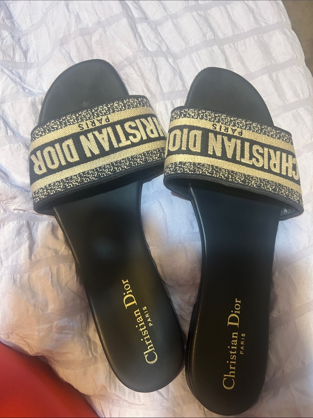 Dior Black Slide Sandals with Gold Logo Strap